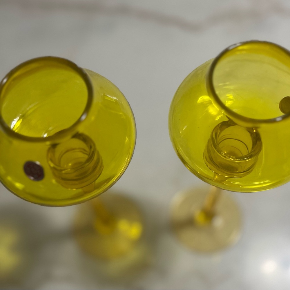 Set Of 2 Vintage Made In Italy Empoli Hand Blown Yellow Glass Candle Sticks